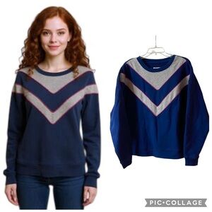 Maeve for Anthropologie Navy Blue w/Gray & Pink Chevron Sweatshirt Size Large